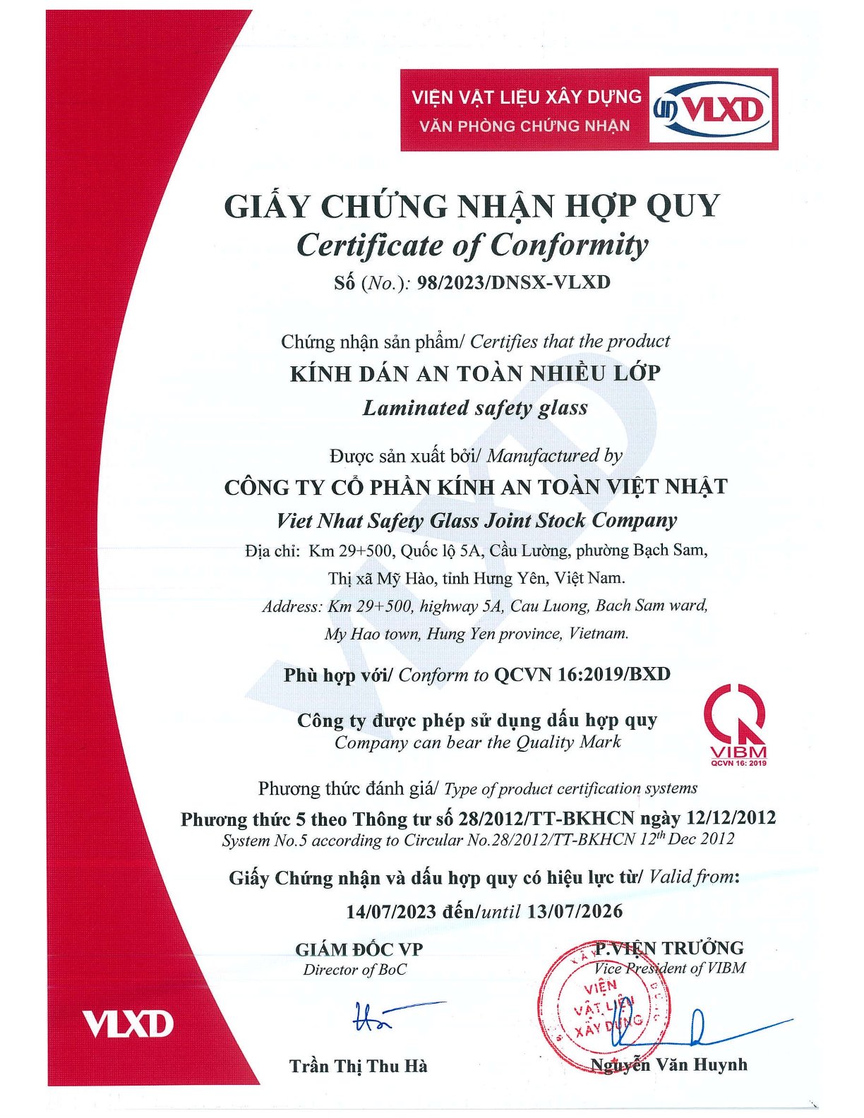 Giấy chứng nhận hợp quy cho sản phẩm kính dán an toàn nhiều lớp của Công ty Cổ phần Kính An Toàn Việt Nhật